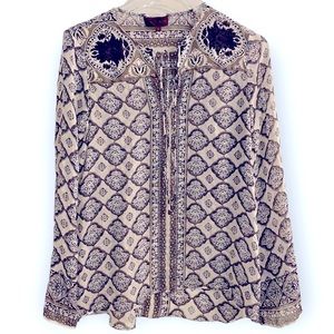 Hale Bob Silk Sheer Boho Top Floral Women Small Black White Gray Double Tassels